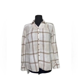 Free People Brown Plaid Snap Button High Low Ruffled Trim Blouse Top
